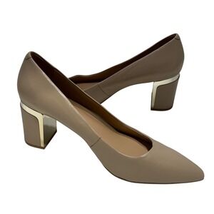 DKNY Womens Taupe Leather Pointed Toe Block Heel Pumps Gold Logo Size 8